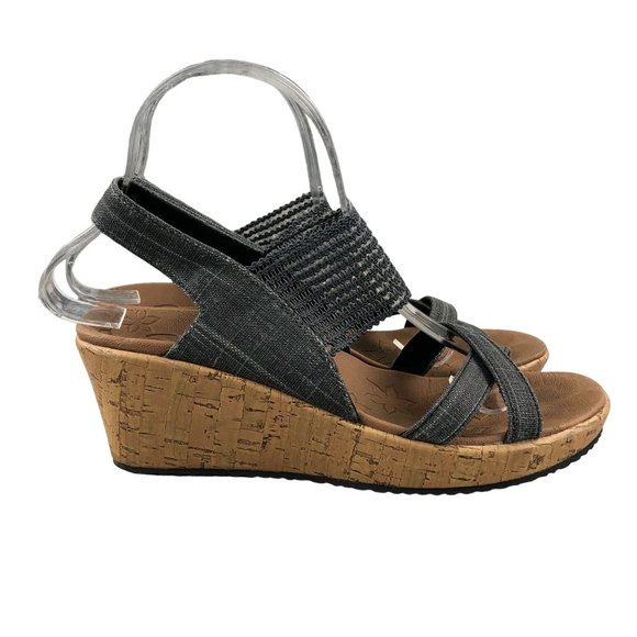 SKECHERS Women's 7 Brie Dawdle Sparkle Black** Stretch Slingback Wedge Sandals - Picture 1 of 11